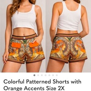 Colorful Patterned Women's Shorts with Orange Accents